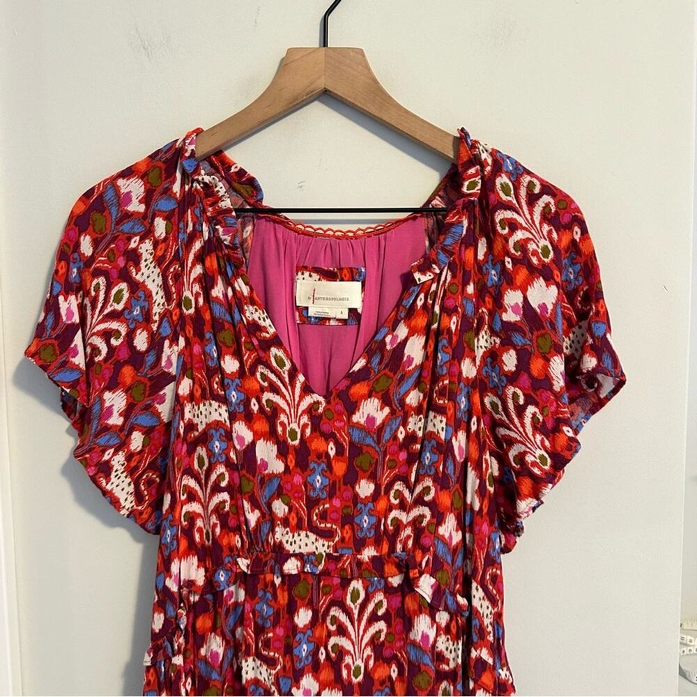 Anthropologie Red Burgundy Ikat Floral Mini Dress Small - Picture 10 of 11